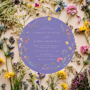 Colourful Wildflowers Purple Round Circle Wedding Invitation