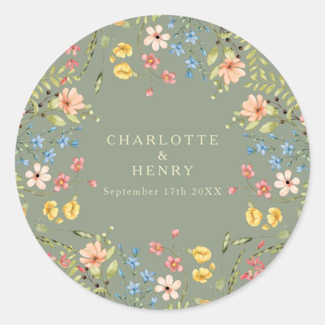 Colourful Wildflowers Sage Garden Wedding  Classic Round Sticker (Front)