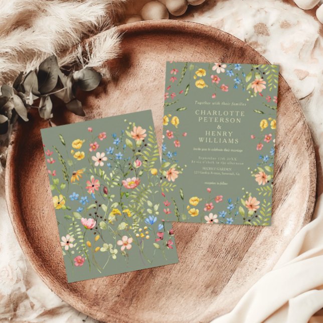 Colourful Wildflowers Sage & Yellow Garden Wedding Invitation (Creator Uploaded)