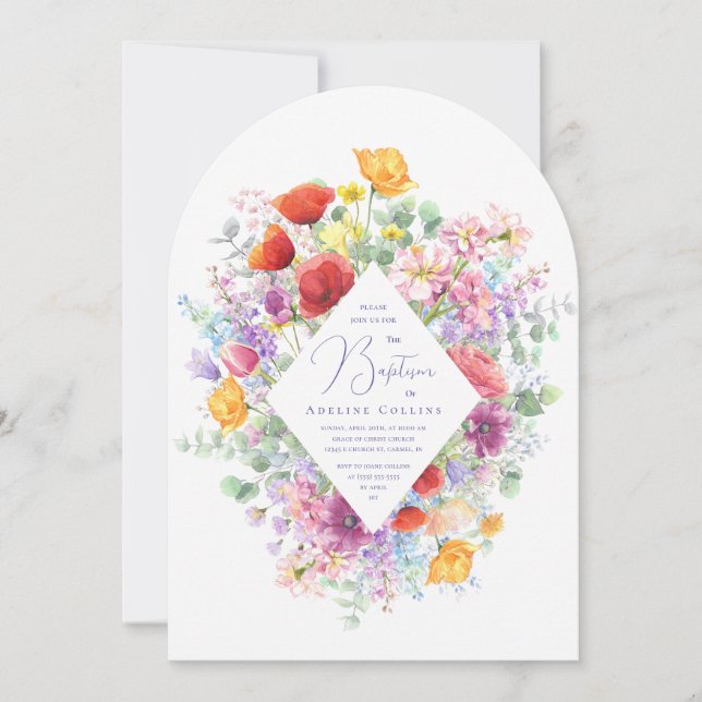 Colourful Wildflowers Simple Floral Baptism Invitation (Front)