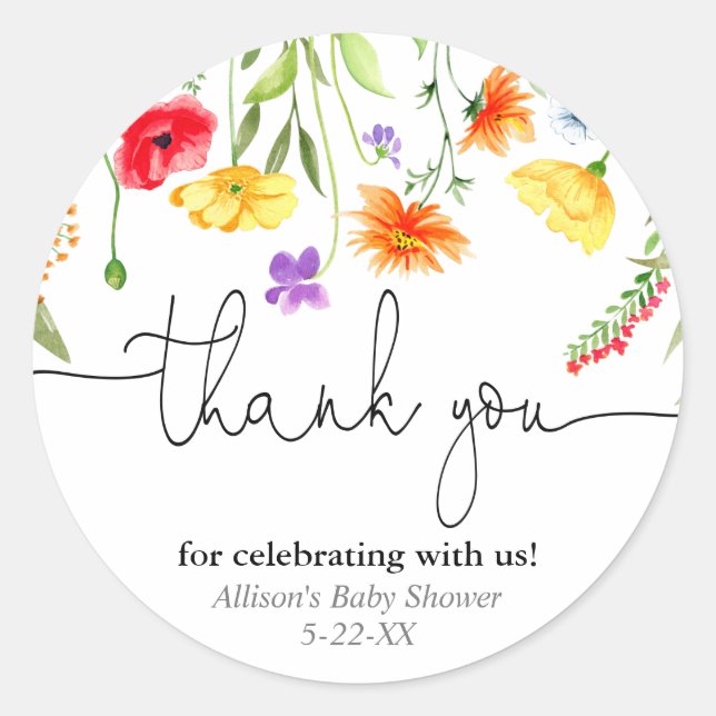Colourful wildflowers spring thank you stickers (Front)