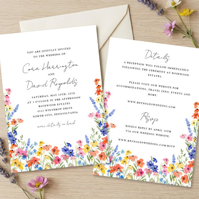 Colourful Wildflowers Two Sided Wedding Invitation (Creator Uploaded)