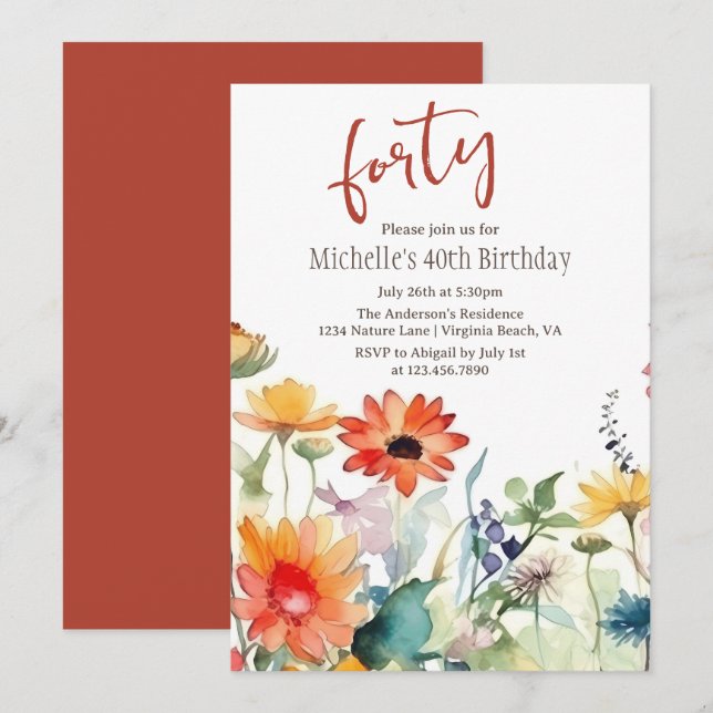 Colourful Wildflowers Vibrant Flowers 40th Birthda Invitation (Front/Back)