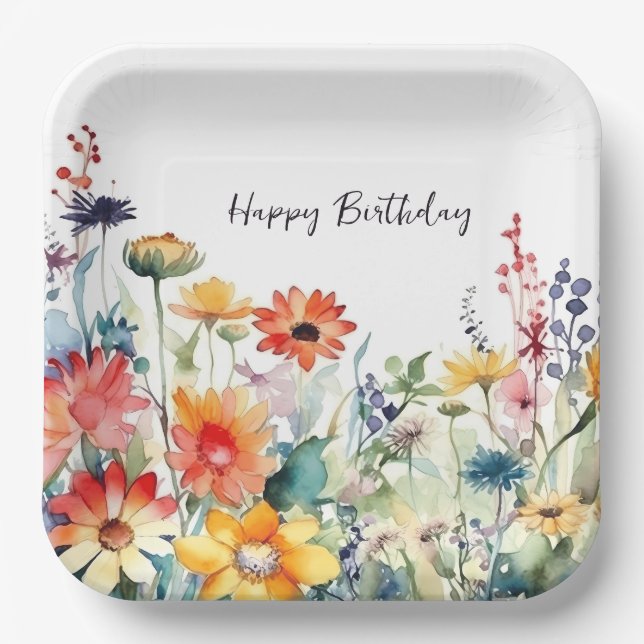 Colourful Wildflowers Vibrant Flowers Birthday Paper Plate (Front)