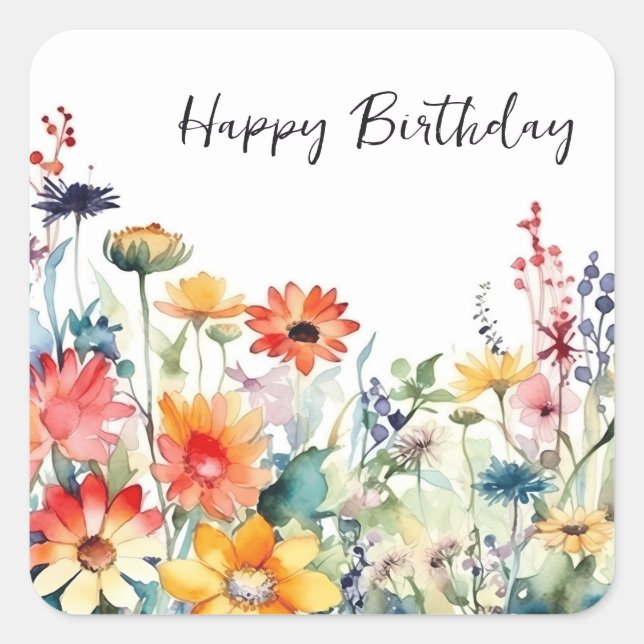 Colourful Wildflowers Vibrant Flowers Birthday Square Sticker (Front)