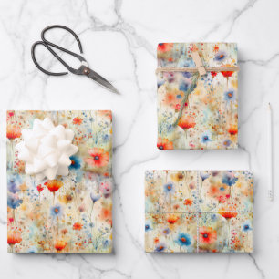 Colourful Wildflowers Watercolor Painted Pattern Wrapping Paper Sheet