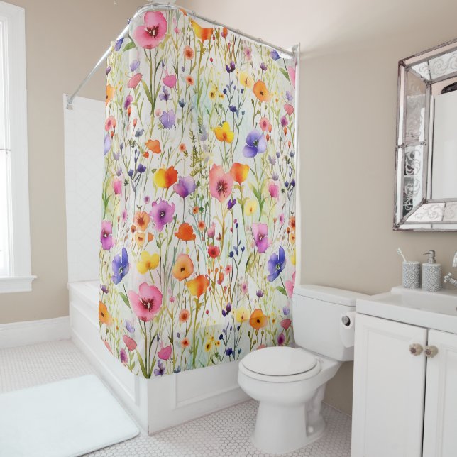 Colourful wildflowers watercolor shower curtain (In Situ)