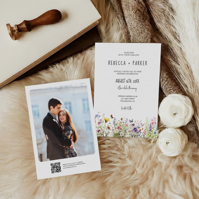 Colourful wildflowers wedding photo and Qr code Invitation (Creator Uploaded)