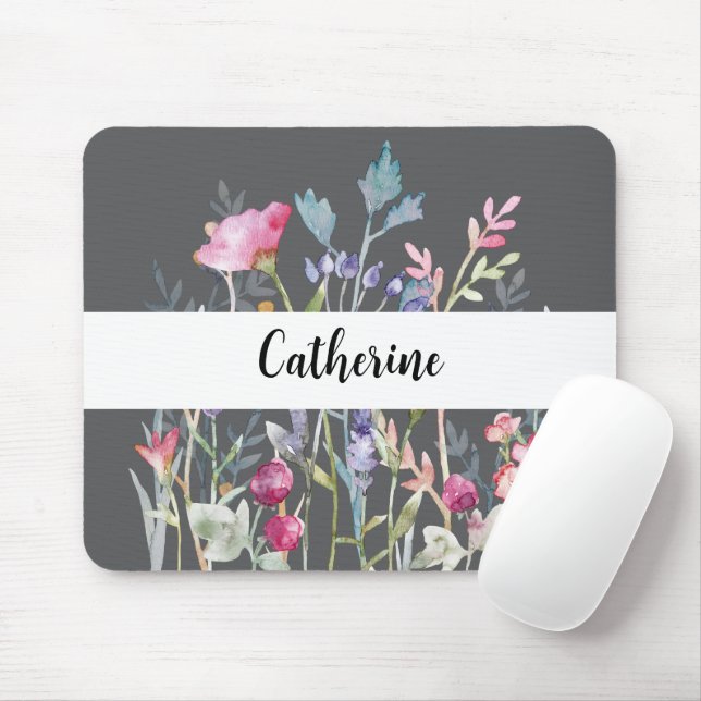 Colourful Wildflowers with Custom Name Grey Mouse  Mat (With Mouse)