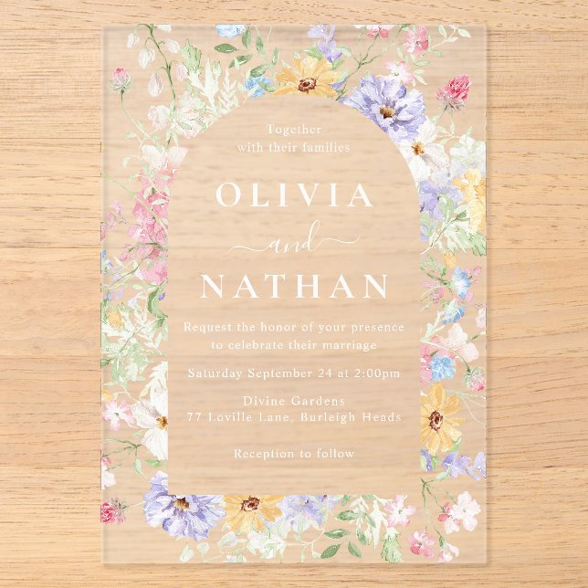 Colourful Wildflowers Wreath Wedding Frosted Acrylic Invitations (Front)