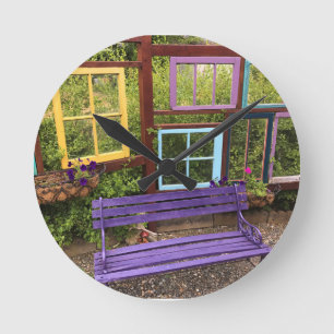 Colourful Windows & Bench Garden Decor Round Clock