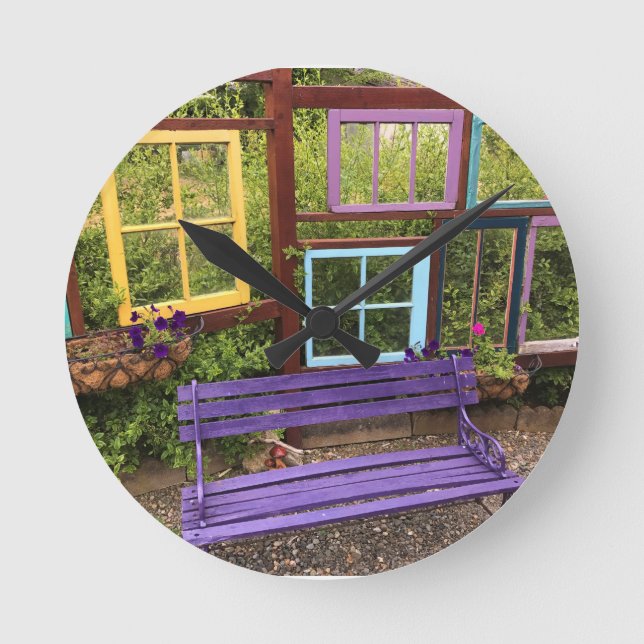 Colourful Windows & Bench Garden Decor Round Clock (Front)