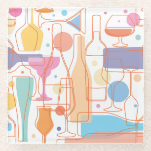Colourful Wine Bottles and Glasses Pattern Glass Coaster