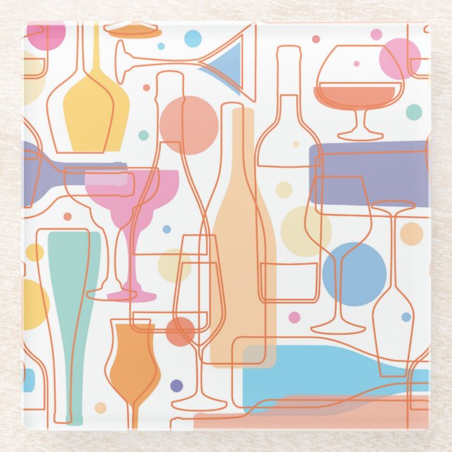 Colourful Wine Bottles and Glasses Pattern Glass Coaster (Front)