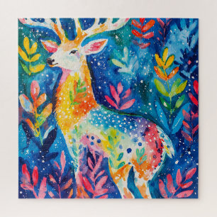 Colourful Winter Deer Watercolor Jigsaw Puzzle