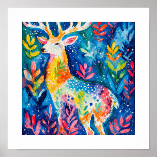 Colourful Winter Deer Watercolor Poster