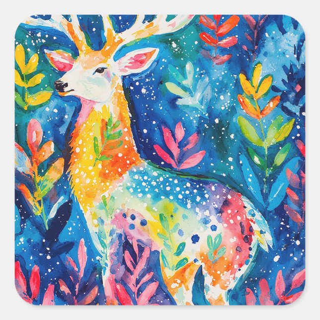 Colourful Winter Deer Watercolor Square Sticker (Front)