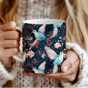 Colourful Winter Hummingbirds & Flowers Pattern Coffee Mug