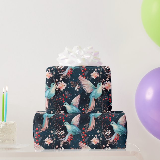 Colourful Winter Hummingbirds & Flowers Pattern Wrapping Paper (Party Gifts)