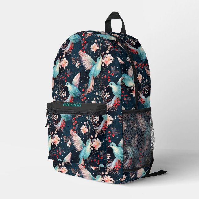 Colourful Winter Hummingbirds Pattern Printed Backpack (Back Corner Right)