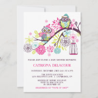 Colourful Winter Owls Floral Baby Shower Invitatio