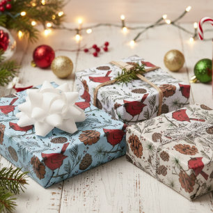 Colourful Winter Perched Red Cardinal & Pine Cones Wrapping Paper Sheet
