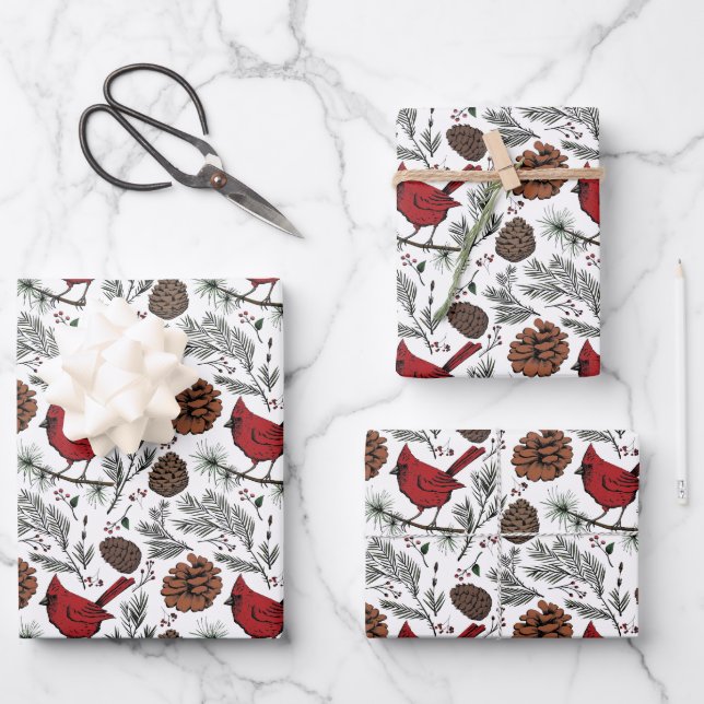 Colourful Winter Perched Red Cardinal & Pine Cones Wrapping Paper Sheet (Front)