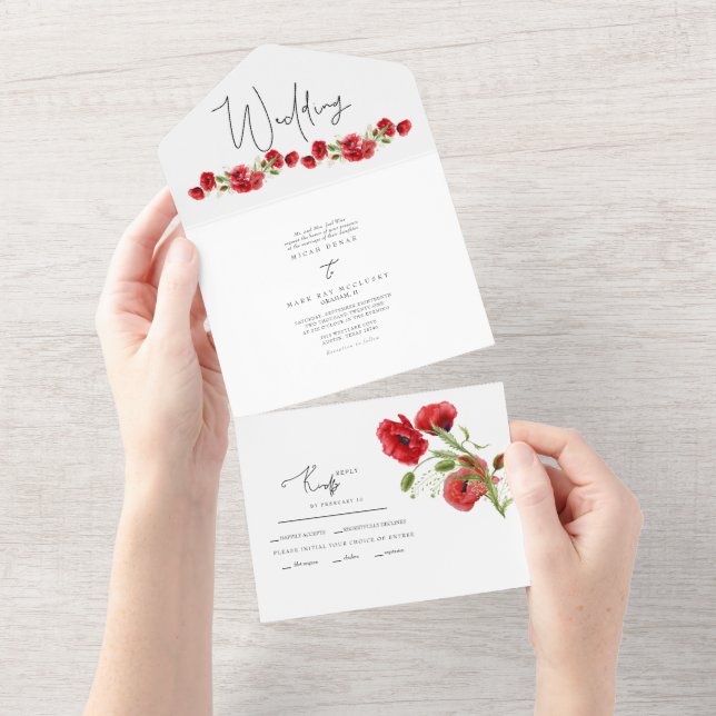 Colourful Winter Red Floral Wedding All In One Invitation (Tearaway)