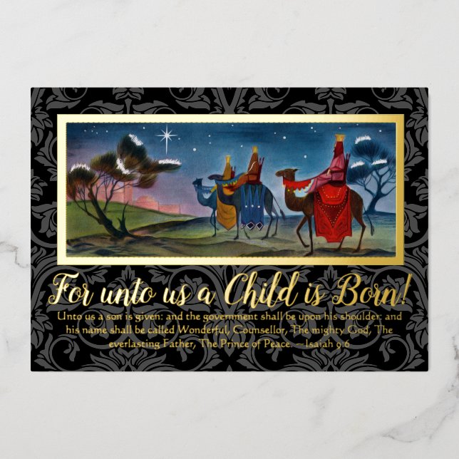 Colourful Wisemen Painting Gold Christian Christma Foil Holiday Card (Front)