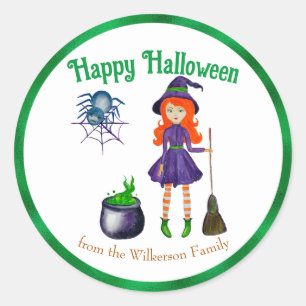 Colourful Witch and Spider Custom Name Halloween Classic Round Sticker