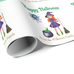 Colourful Witch and Spider Custom Name Halloween Wrapping Paper