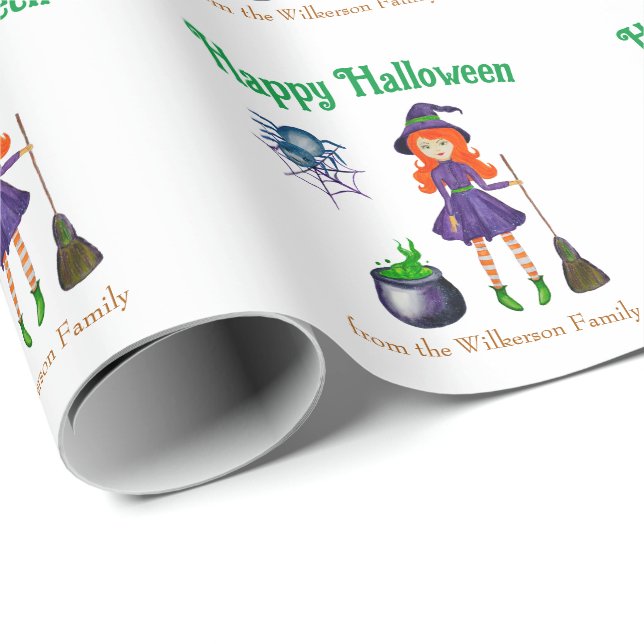 Colourful Witch and Spider Custom Name Halloween Wrapping Paper (Roll Corner)