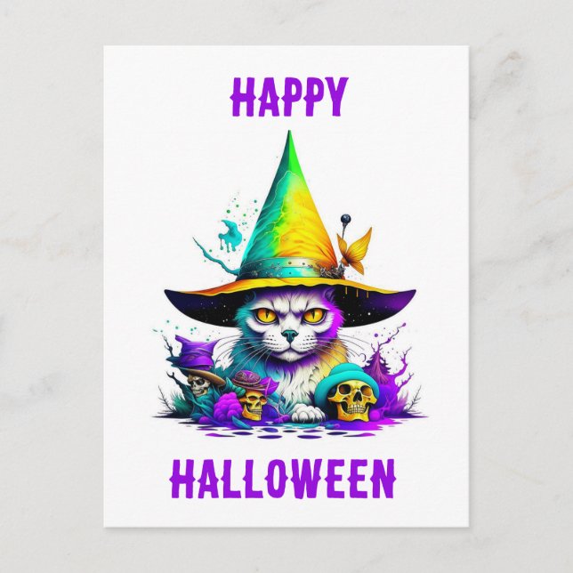 Colourful Witch Cat Postcard (Front)
