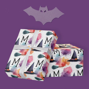 Colourful Witch Hat Broomstick Halloween Watercolo Wrapping Paper