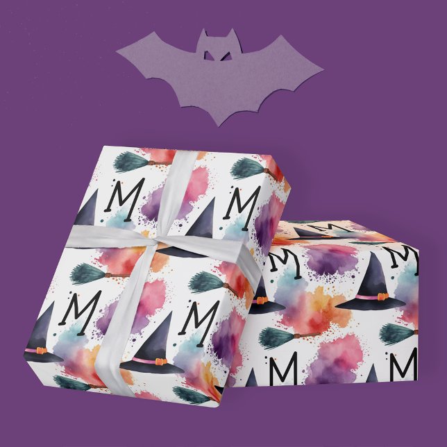 Colourful Witch Hat Broomstick Halloween Watercolo Wrapping Paper (Creator Uploaded)