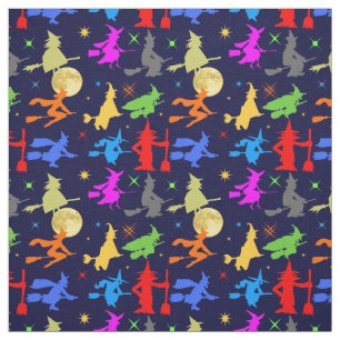Colourful Witches Fly At Night Halloween Pattern Fabric