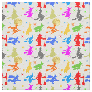 Colourful Witches In Flight. Halloween Pattern Fabric