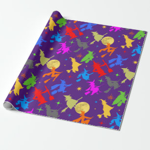 Colourful Witches In Flight. Halloween Pattern Wrapping Paper