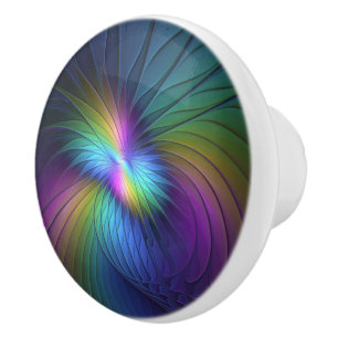 Colourful With Blue Modern Abstract Fractal Art Ceramic Knob