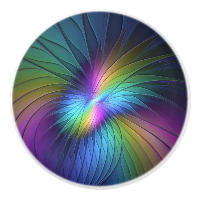 Colourful With Blue Modern Abstract Fractal Art Ceramic Knob (Front)