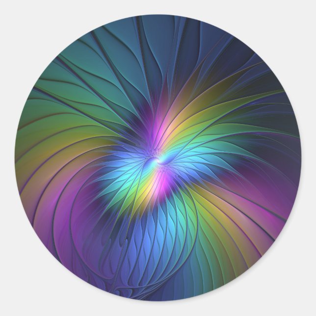 Colourful With Blue Modern Abstract Fractal Art Classic Round Sticker (Front)