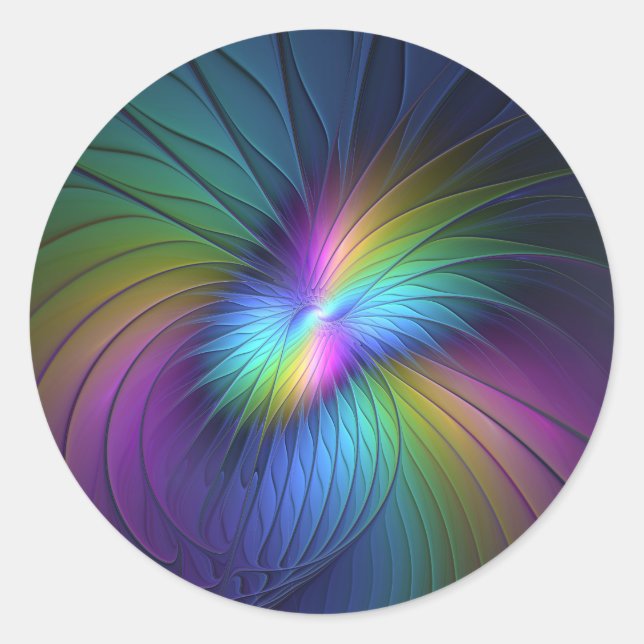 Colourful With Blue Modern Abstract Fractal Art Classic Round Sticker (Front)
