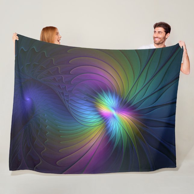 Colourful With Blue Modern Abstract Fractal Art Fleece Blanket (In Situ)