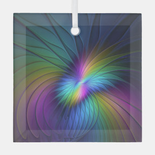 Colourful With Blue Modern Abstract Fractal Art Glass Tree Decoration