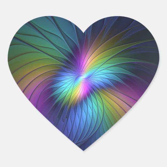 Colourful With Blue Modern Abstract Fractal Art Heart Sticker (Front)