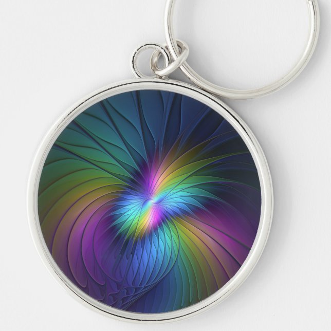 Colourful With Blue Modern Abstract Fractal Art Key Ring (Front)