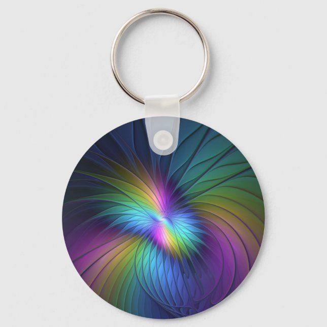 Colourful With Blue Modern Abstract Fractal Art Key Ring (Front)