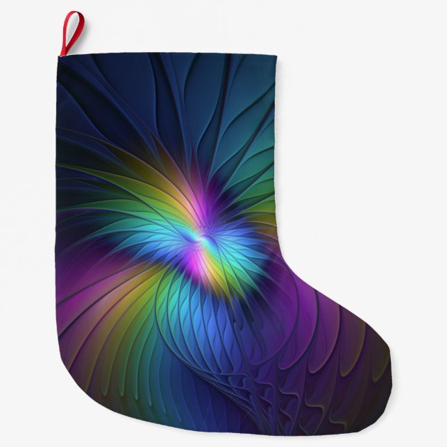 Colourful With Blue Modern Abstract Fractal Art Large Christmas Stocking (Front)