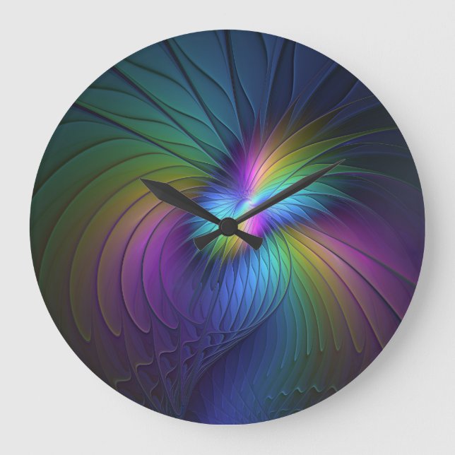 Colourful With Blue Modern Abstract Fractal Art Large Clock (Front)