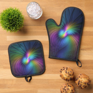 Colourful With Blue Modern Abstract Fractal Art Oven Mitt & Pot Holder Set
